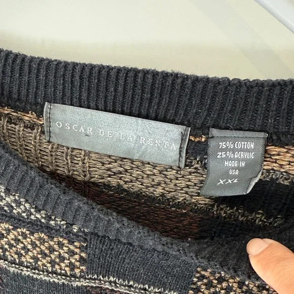 Oscar de la Renta Knit Color Block Patchwork Neutral Earth Tone Sweater - Picture 3 of 7